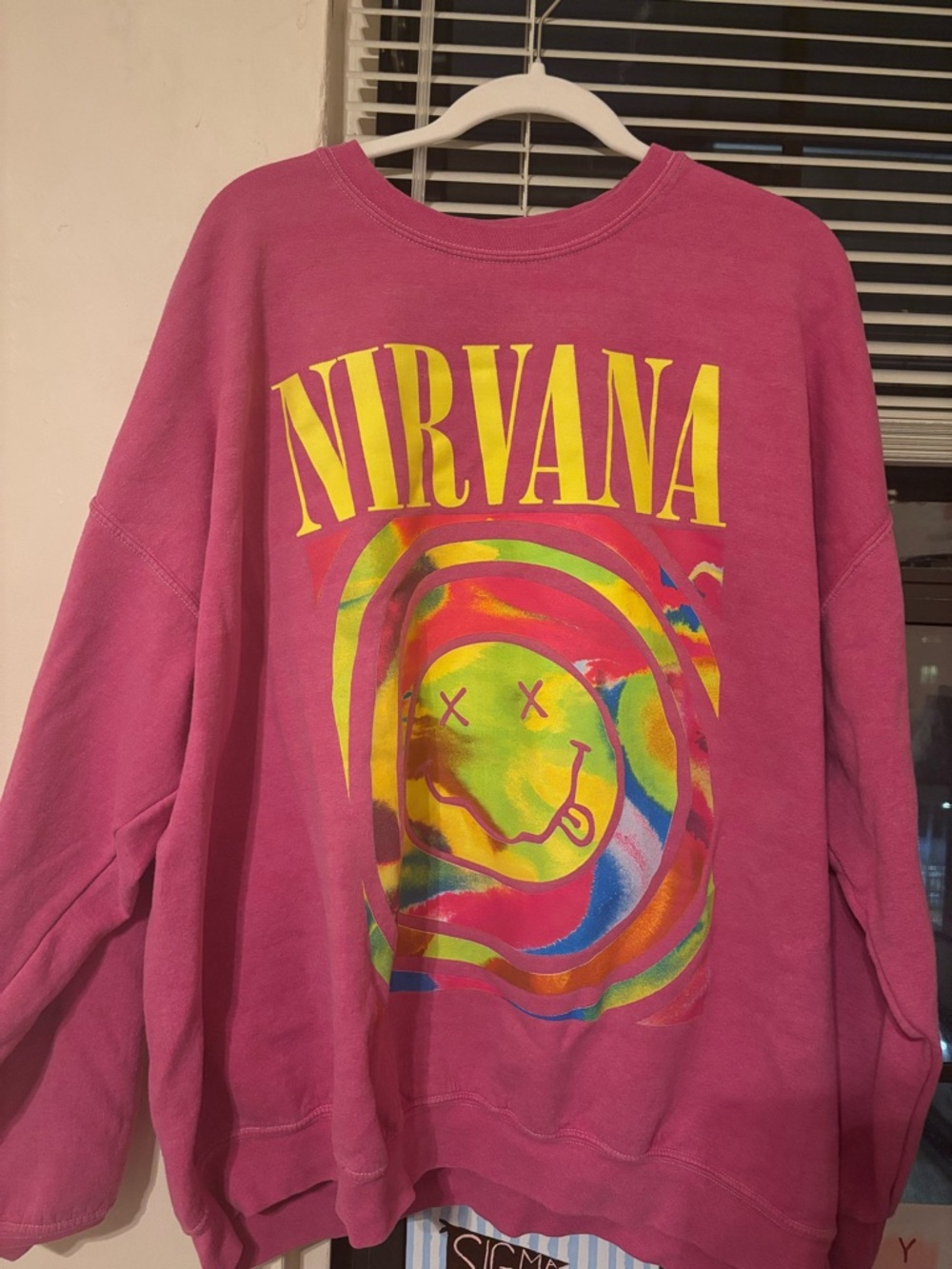 NIRVANA Hot Pink Crewneck with Multicolor Smiley Print